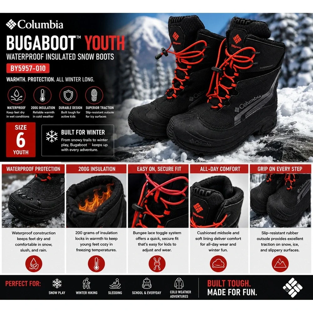 Columbia Bugaboot Youth Size 6 Black Waterproof Insulated Snow Boots BY5957-010